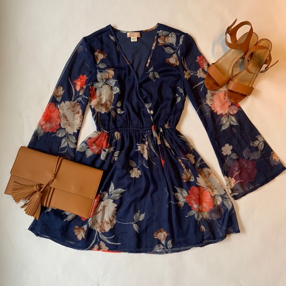 Band of Gypsies Dresses & Skirts - Blue Floral Bell Sleeve Mini Dress